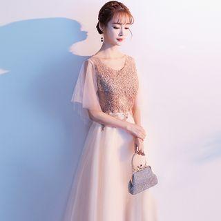 Lace Panel Short-sleeve Evening Gown