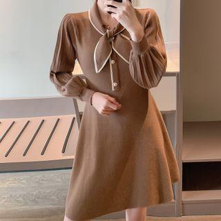 Tie-neck Beaded Knit A-line Dress