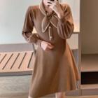 Tie-neck Beaded Knit A-line Dress