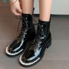 Faux Pearl Block Heel Lace Up Short Boots
