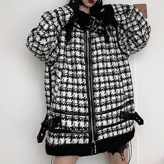 Houndstooth Fleece-lined Zip-up Jacket