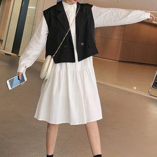 Set: Double Breasted Vest + Long-sleeve Shirt Dress