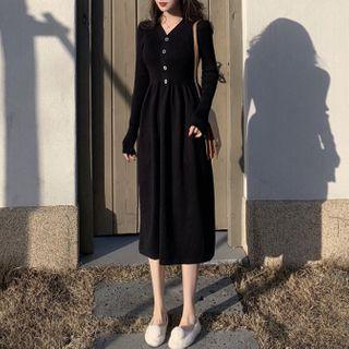 V-neck Button-up Knit Midi A-line Dress Black - One Size