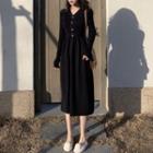 V-neck Button-up Knit Midi A-line Dress Black - One Size