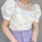 Mesh-panel Puff-sleeve Ruched Blouse