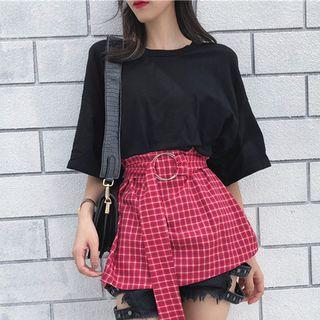 Elbow Sleeve Mock Two Pieces Checker Panel T-shirt As Shown In Figure - One Size