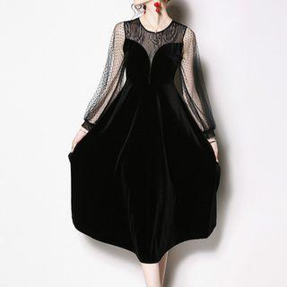 Mesh Panel Midi A-line Velvet Dress