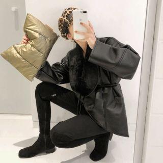 Open-front Faux-shearling Jacket With Sash