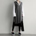 Plain V-neck Sleeveless Slit Midi Knit Dress