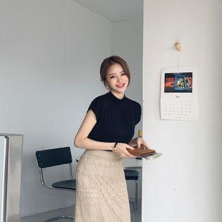Cap-sleeve Mock-neck Silky Top