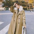 Fluffy Trim Double-breasted Trench Coat