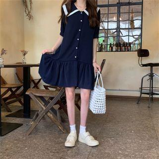 Short-sleeve Collar Pleated Hem Dress