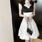 Two-tone Panel Bow Sleeveless Mini A-line Dress