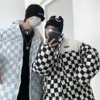 Couple Matching Checkerboard Padded Hooded Zip-up Jacket