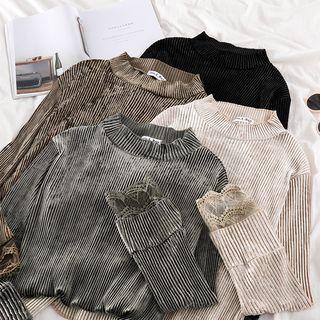 Plain Crewneck Long-sleeve Panel Lace Velvet Top