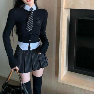 Pinstriped Mini A-line Skirt / Cropped Cardigan / Shirt / Set