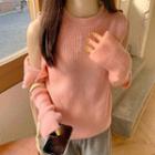 Off-shoulder Long-sleeve Plain Knit Sweater