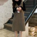 Long-sleeve Mock-neck Plain Top / Sleeveless V-neck Shift Dress