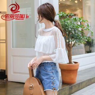 Elbow-sleeve Mesh Panel Chiffon Top