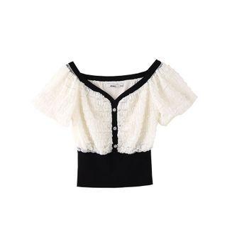 Lace Off-shoulder Blouse / High-waist Shorts