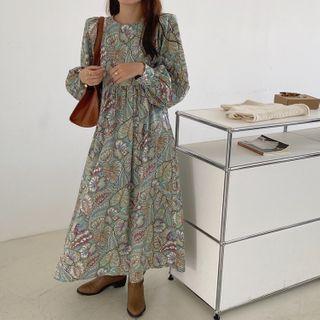 Long-sleeve Retro Leaf Chiffon Dress