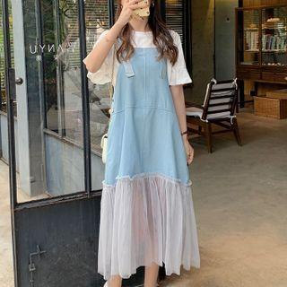 Set: Short-sleeve T-shirt + Denim Midi Overall Dress