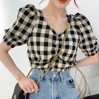 V-neck Shirred Gingham Cropped Blouse