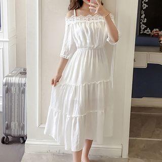 3/4-sleeve Cold-shoulder Midi A-line Dress