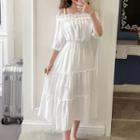 3/4-sleeve Cold-shoulder Midi A-line Dress