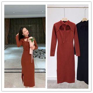 Long-sleeve Bow Cutout Midi Dress