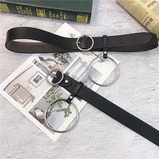 Faux Leather Alloy Hoop Belt Silver Ring - Black - One Size