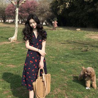 Cherry Short-sleeve Midi Chiffon Dress