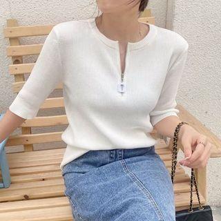Short-sleeve Striped Ribbed Half-zip Knit Top