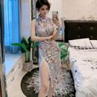 Traditional Chinese Sleeveless Lace Trim Slit Midi Dress