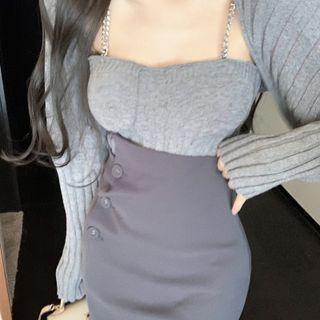 Chain Strap Knit Camisole Top / Midi Pencil Skirt / Shrug / Set