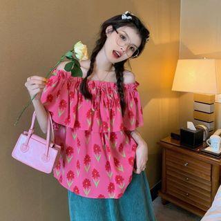 Short-sleeve Off-shoulder Floral Blouse Red Floral - Pink - One Size