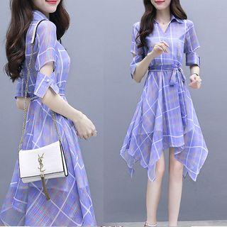 Check Elbow-sleeve A-line Chiffon Dress