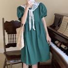 Puff-sleeve Lace Shawl A-line Dress