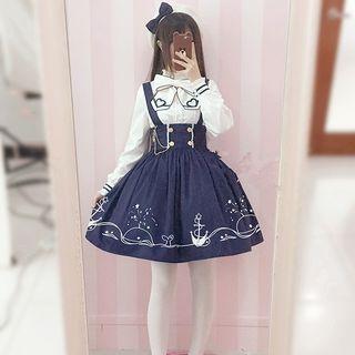 Bow Long-sleeve Blouse / Suspender Mini Skirt / Set