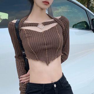 Long-sleeve Plaid Cropped T-shirt Plaid - Coffee - One Size
