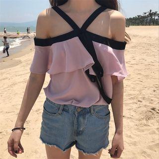 Bow Open Shoulder Short-sleeve Chiffon Top