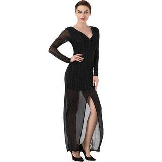 V-neck Long-sleeve Maxi Sheath Dress