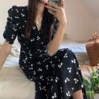 Puff-sleeve V-neck Floral Dress Black - One Size