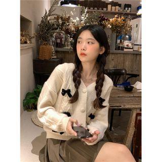 V-neck Bow-accent Long-sleeve Knit Jacket White - One Size
