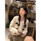 V-neck Bow-accent Long-sleeve Knit Jacket White - One Size