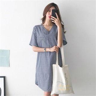 V-neck Gingham Shift Dress
