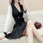 Set: Two-tone Panel Tie-waist Blouse + Mini A-line Skirt