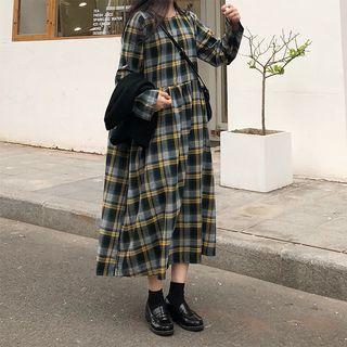 Long-sleeve Midi A-line Plaid Dress As Shown In Figure - One Size