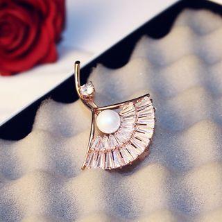 Faux Pearl Rhinestone Fan Brooch As Shown In Figure - One Size