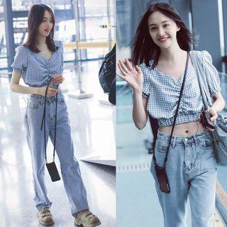 Set: Short-sleeve Plaid Crop Top + Straight-cut Jeans